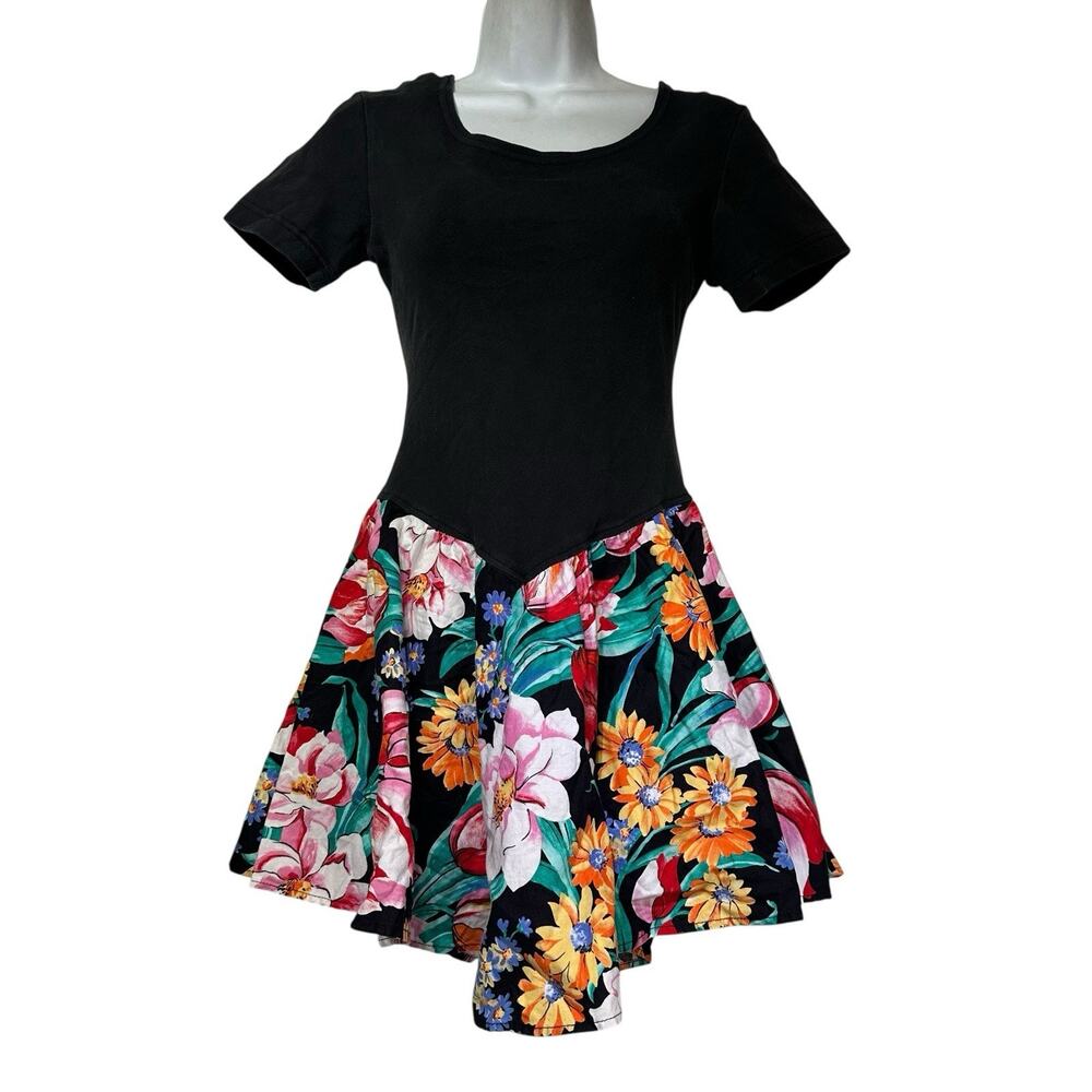 Yes Clothing Co Black Cotton Dress Women’s Small Short Sleeve Floral Skirt USA